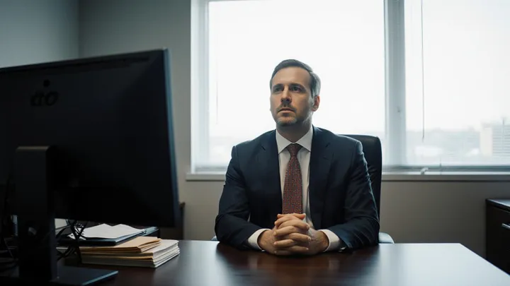 An executive waiting behind his office desk