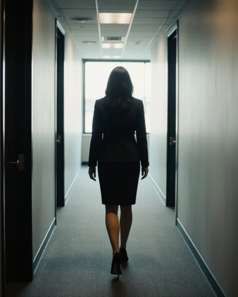 A woman walking toward the light at the end of a dark office hallway