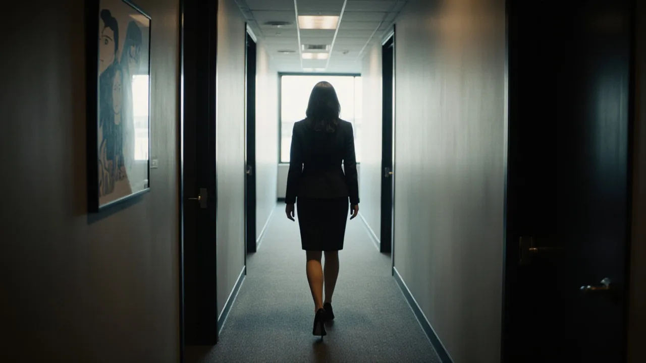 A woman walking toward the light at the end of a dark office hallway